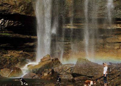 waterfall-rainbow-woman-dogs